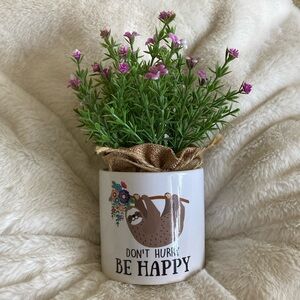 Sloth-Themed Ceramic Planter with Faux Flowers